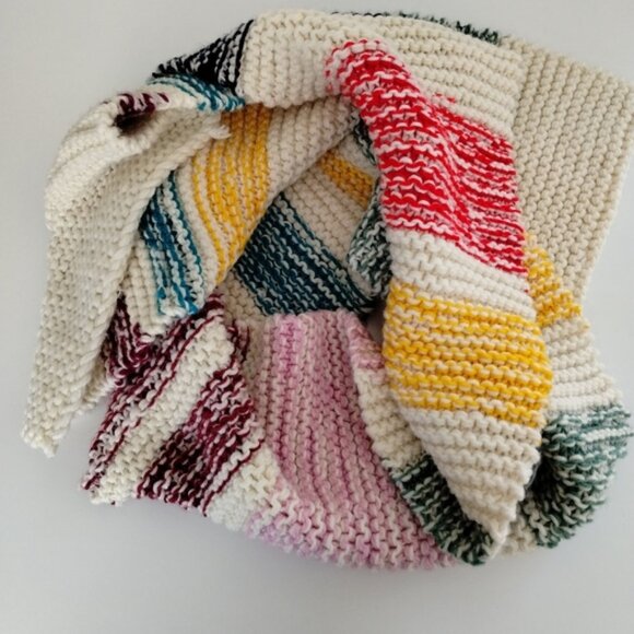 Handmade Colorful Striped Knit Scarf 80inch x 10inch Handknit Rainbow - Picture 1 of 3